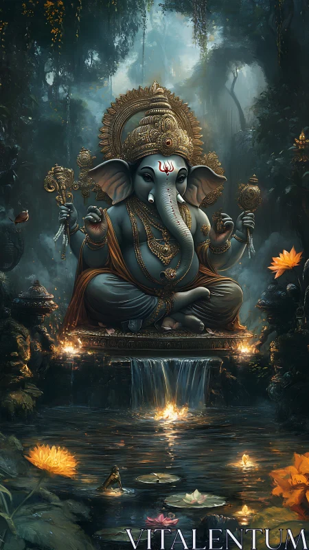 Divine elephant deity above luminous forest waterfall.
