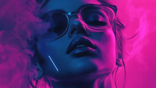Neon lit portrait of person in glasses with vapor clouds.