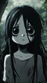 Gaunt anime child with hollow ocular voids in forest gloom.