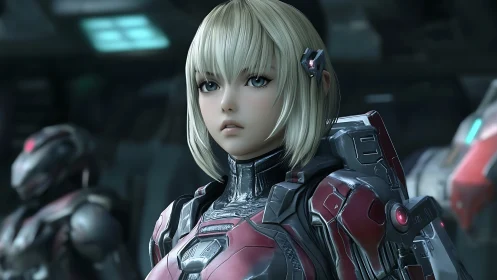 Stoic blonde space soldier stands ready in reflective armor