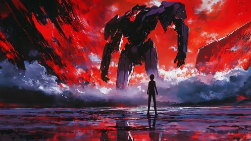 Silhouetted figure facing giant mech in red storm landscape.