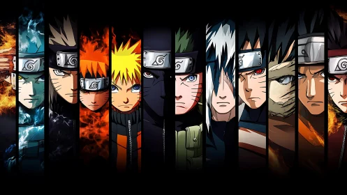 Stylized ninja portraits align in segmented, flame-lit composition