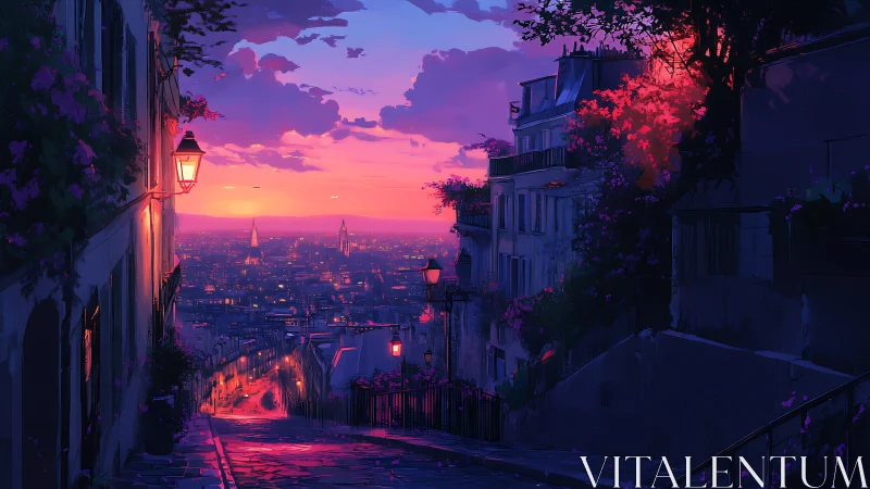 Paris hillside street glows under vivid neon sunset sky.