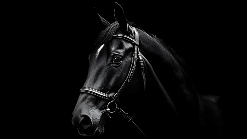 Black horse portrait in bridle against deep black background.