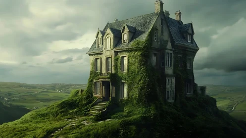 Ivy-clad manor crowns lonely hill under stormy sky.