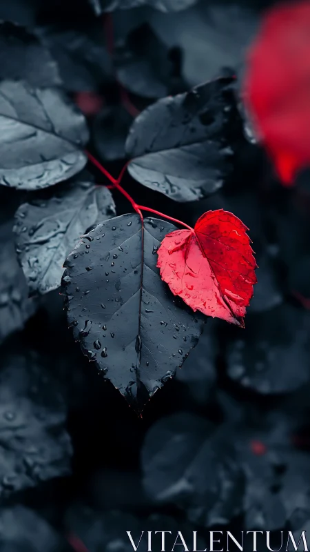 Gentle red leaf glowing against deep midnight foliage.