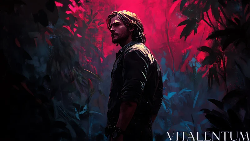 Brooding explorer stands in neon jungle twilight glow.