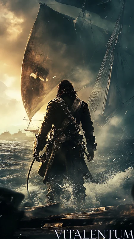 Storm-tossed pirate strides toward a looming midnight ship.