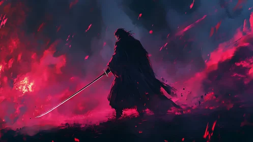 Backlit katana warrior in high-contrast chromatic stormfield.