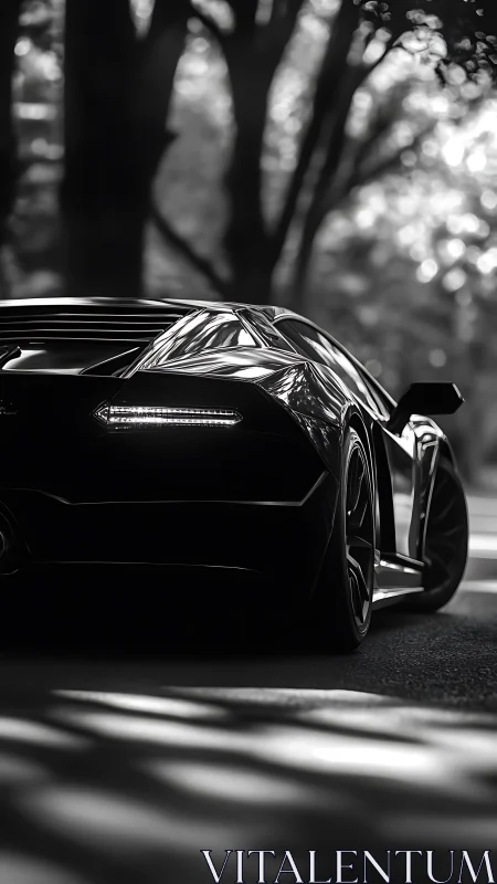 Sleek supercar glides through dappled forest light at dusk.