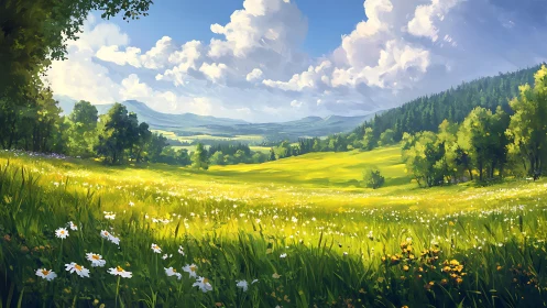 Sunlit wildflower valley under drifting summer clouds.