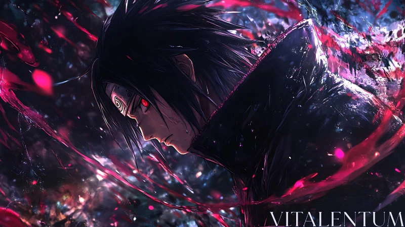 Brooding anime warrior wrapped in swirling crimson light.