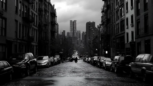 Urban street recedes toward distant high-rise skyline