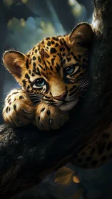 Digital painting study of resting leopard cub on forest bough.