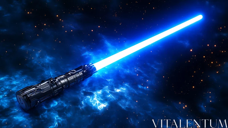 Blue energy sword glows over electric nebula field.