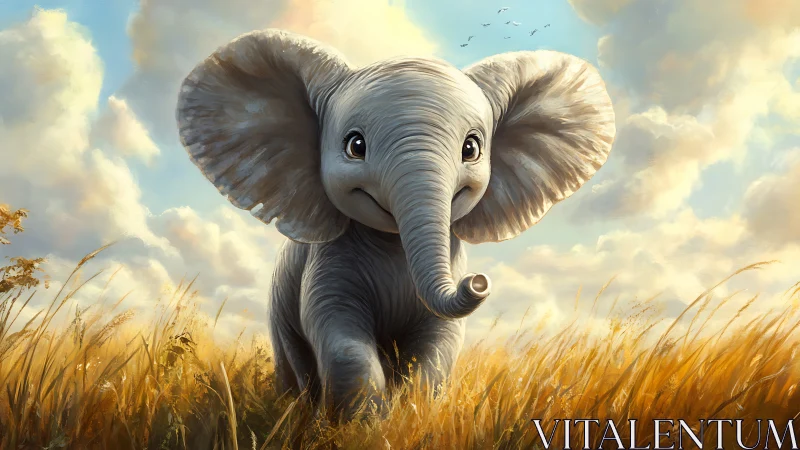 Baby elephant runs through sunlit savanna grassland.