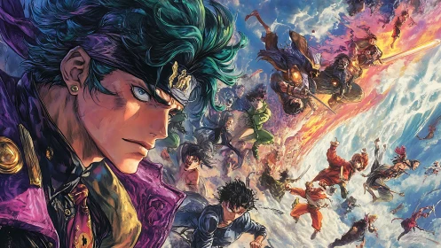 Intense anime hero close-up with chaotic sky battle scene.