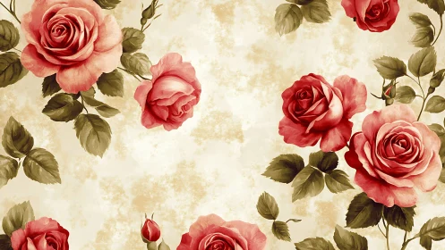 Red roses pattern on beige vintage floral background.