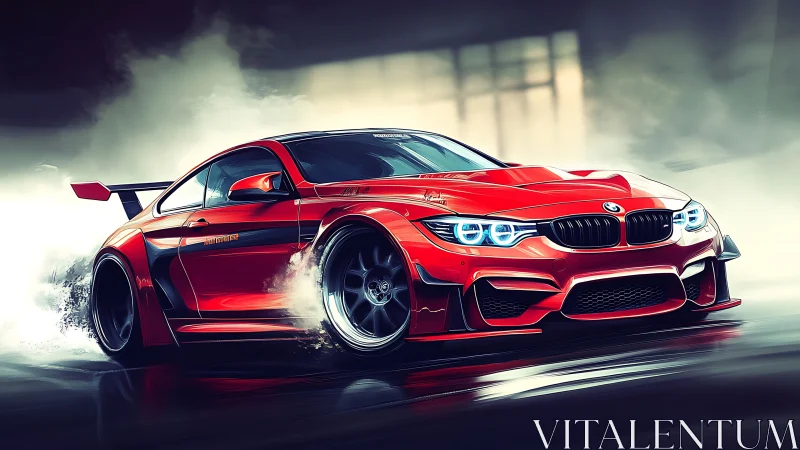 Red drift car slices through misty track with vivid energy