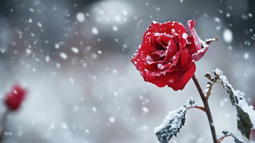 Red Rose Blanketed in Fresh Snow and Frost