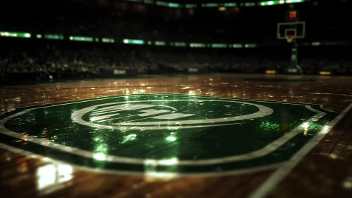 Photorealistic hardwood arena court with glossy midcourt emblem.