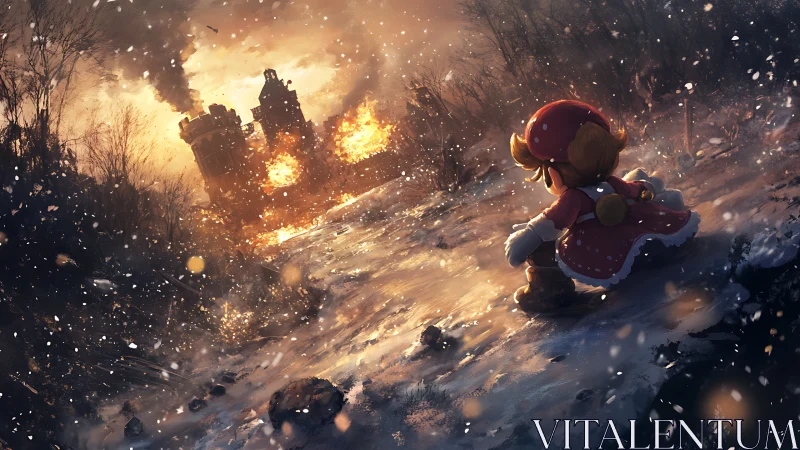 Snowy child watches burning train wreck in dusky silence.