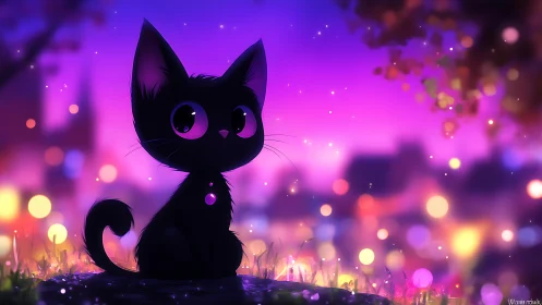 Twilight city kitten with glowing pendant in dreamy bokeh night.