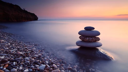 Balanced stones rise in calm pastel light over a quiet sea