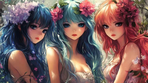 Three anime women with floral hair accessories outdoors.