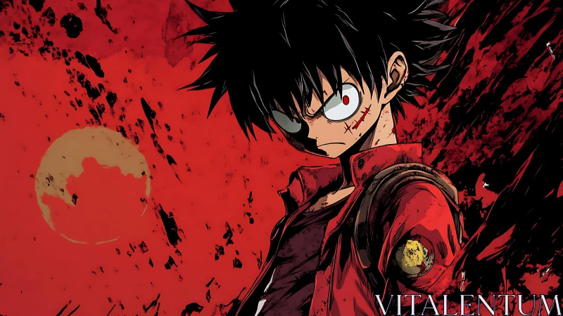 Scarred anime warrior stands in blood-red storm sky.