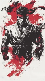 Blood-red warrior stance in explosive ink-splatter fury.