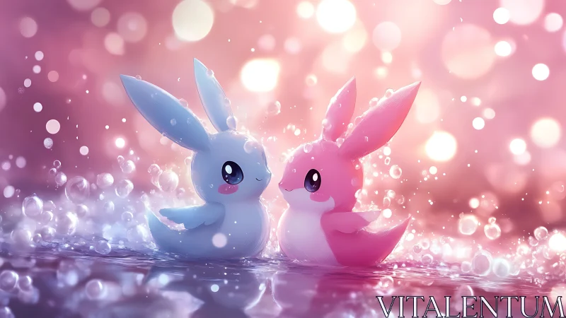 Digital painting of pastel water bunnies in luminous bokeh bath.