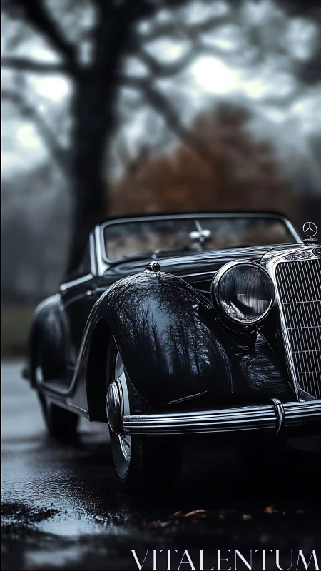 Classic black convertible stands on wet road in soft focus