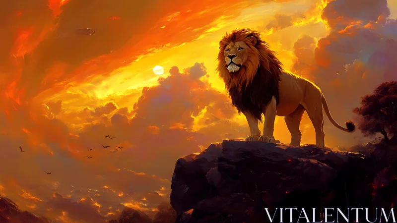Lion stands on rocky ledge under vivid orange sunset sky