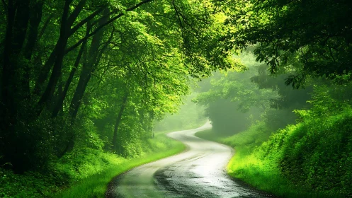 Serene winding forest road in lush greenery, vibrant natural style.