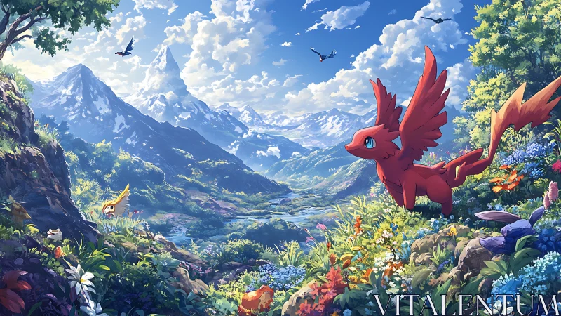 Red winged creature exploring a bright mountain meadow.