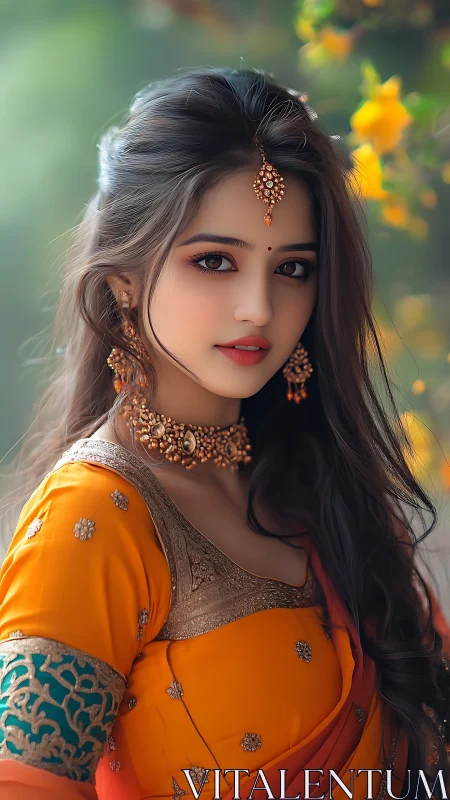 High-fidelity digital portrait of woman in ornate saree profile.