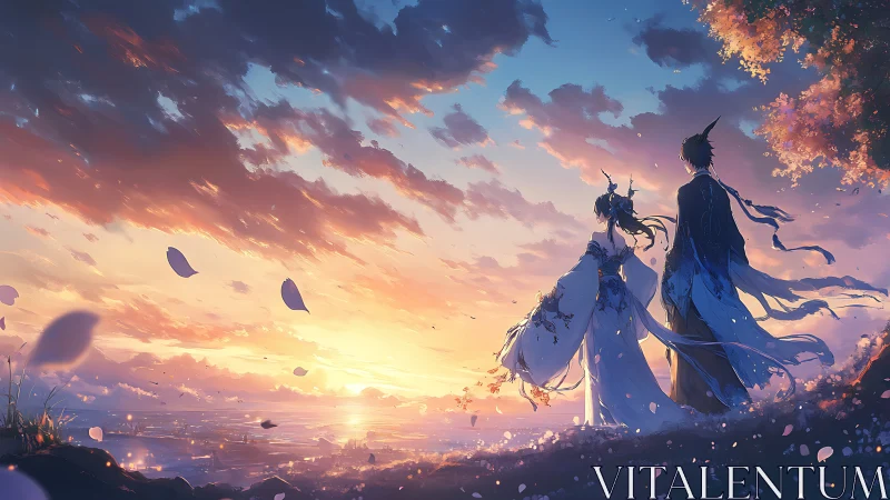 Anime sunset panorama with robed couple in flowing silhouettes.