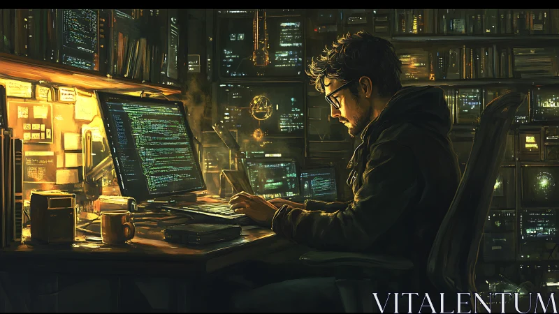 Night coder at multi-monitor workstation in warm low-key lighting