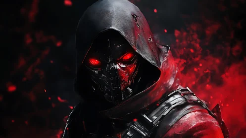 Hooded cyber assassin with glowing red eyes in smoke.