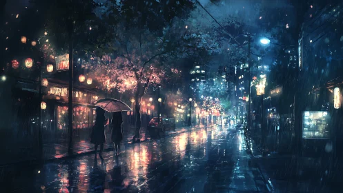 Rainlit lovers under lanterns on a neon-drenched city street.