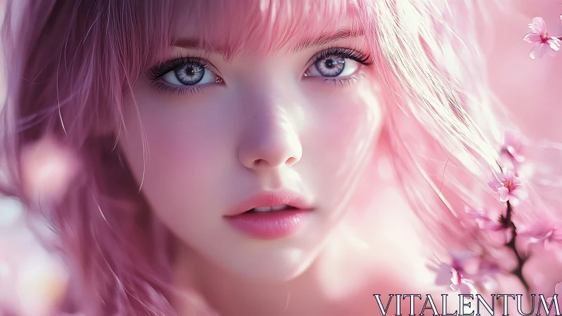 Digital portrait of pink haired girl with blossoms in frame.