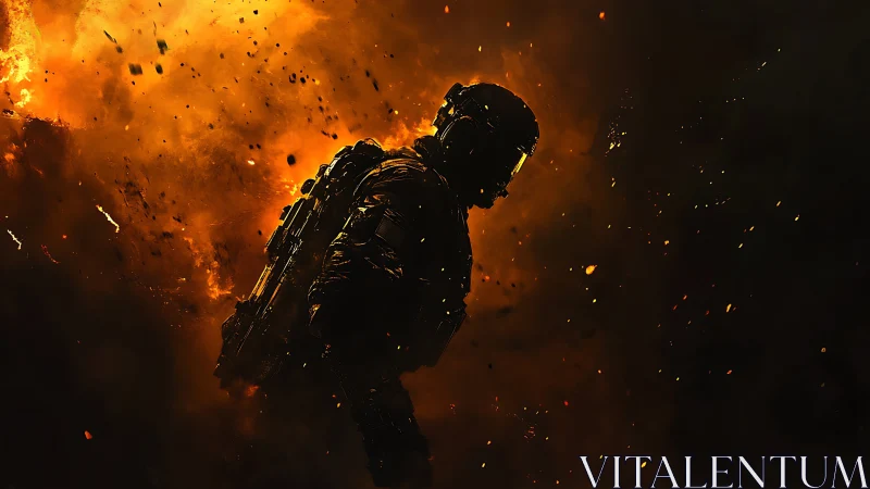 Soldier Silhouette Emerges from Inferno.
