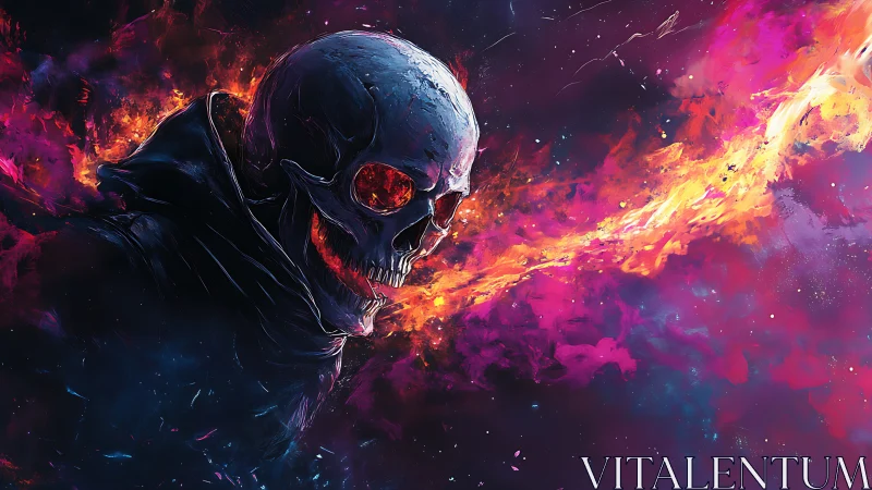 Hooded skeletal figure with flaming backdrop in space.