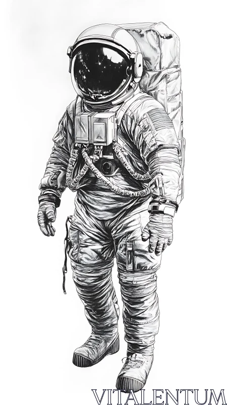 Monochrome ink rendering depicts a suited astronaut