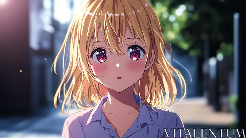 Backlit blonde anime girl with bokeh city street background