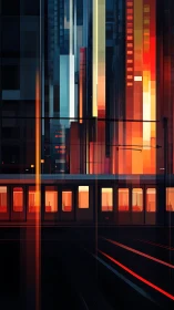 Metro train slices through neon geometric city dusk glow.