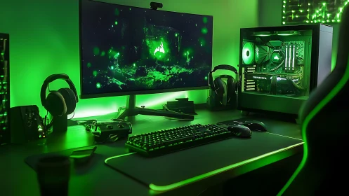 RGB-lit gaming desktop setup with green ambient lighting.