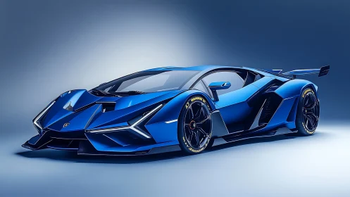 Electric sapphire hypercar prowls a spotlighted cyber stage.