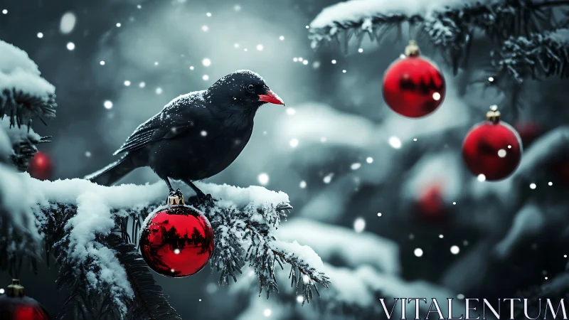 Black songbird on snow‑laden fir branch with red ornaments observed